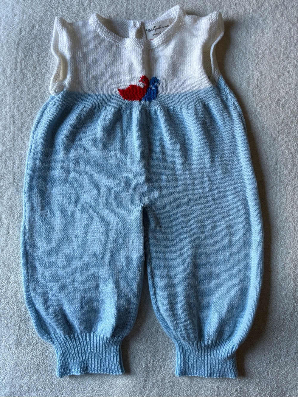 Vintage Handmade Toddler Knit Romper, Ducks Design. Light Blue White. Approx 2T